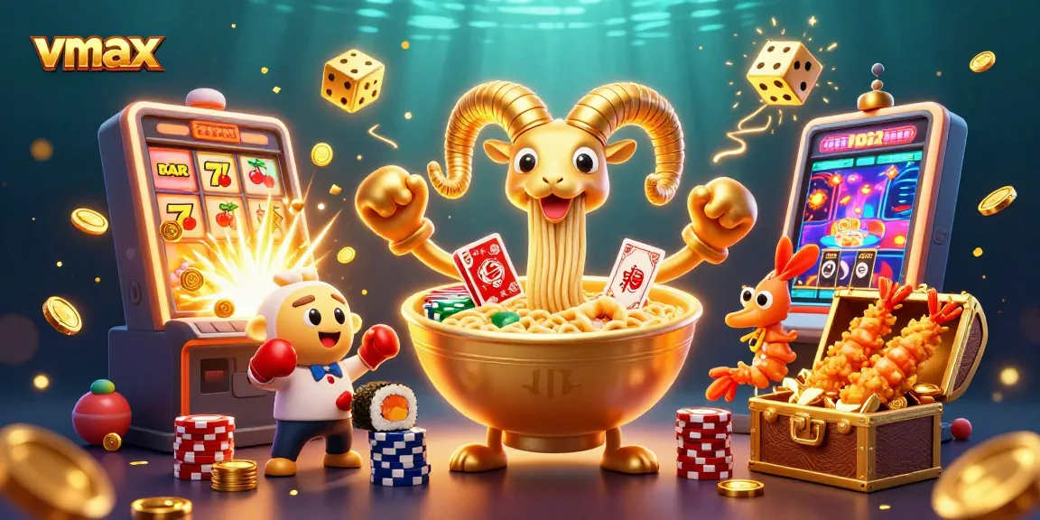 Engage with vmax action as a cartoon ramen dealer interacts with casino games and characters.