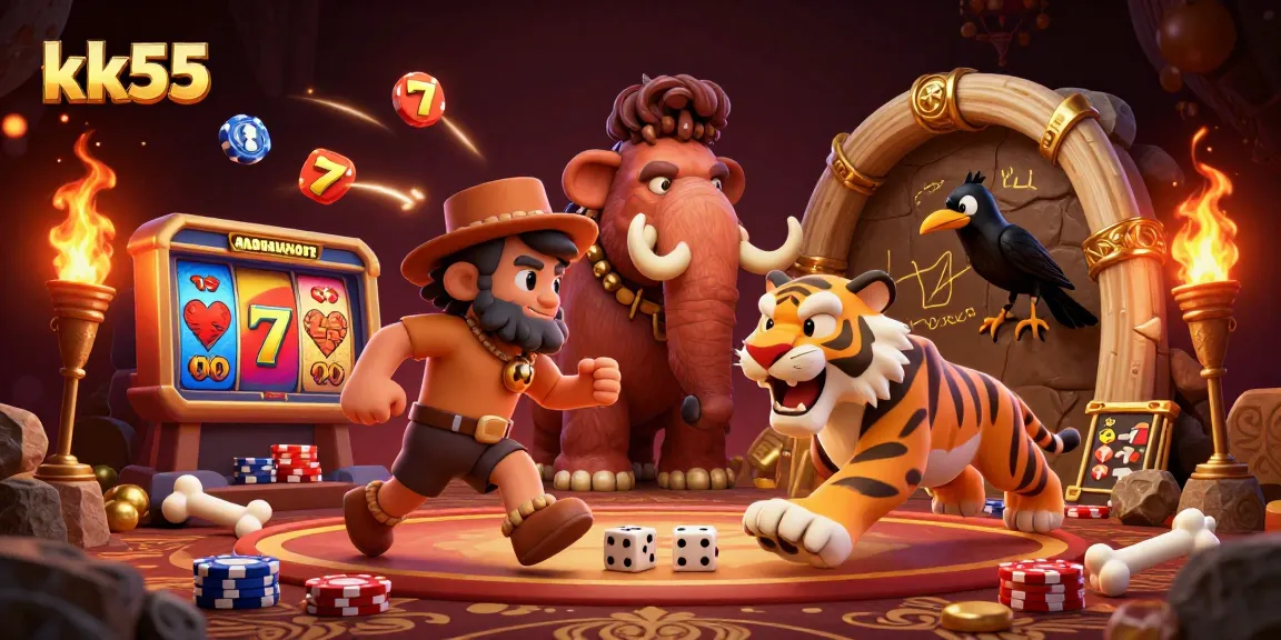 Engage in thrilling gaming with kk55 at a unique prehistoric casino featuring vibrant slot elements.