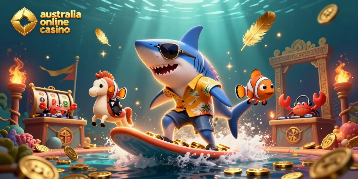 australia online casino showcases a vibrant 3D-themed underwater party featuring a shark, clownfish, and crab DJ