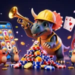 Xoilacz offers thrilling casino gaming experiences with animated dinosaurs building poker chip pyramids.