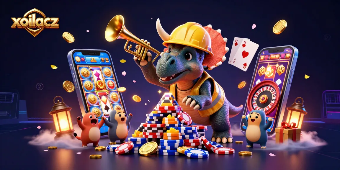 Xoilacz offers thrilling casino gaming experiences with animated dinosaurs building poker chip pyramids.