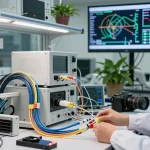 Precision optical cables installation in a high-tech lab, showcasing advanced connectivity solutions.