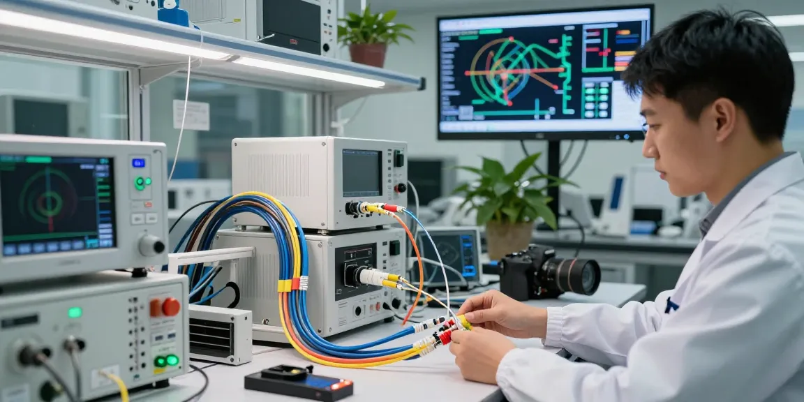 Precision optical cables installation in a high-tech lab, showcasing advanced connectivity solutions.