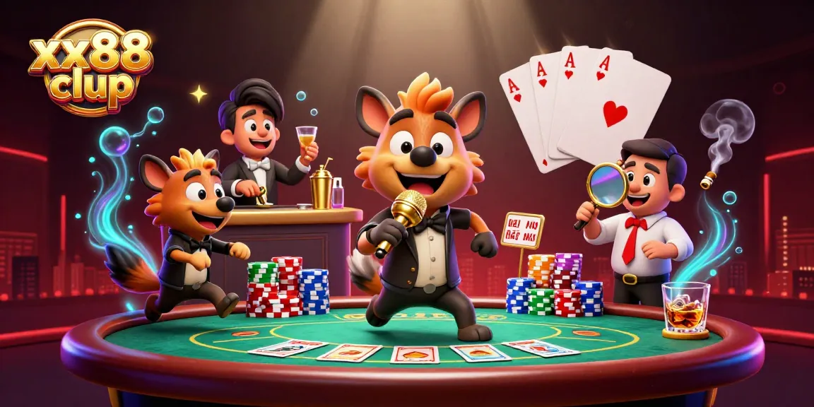 xx88 clup showcases hyenas in a vibrant casino scene, featuring poker and drink mixing antics.