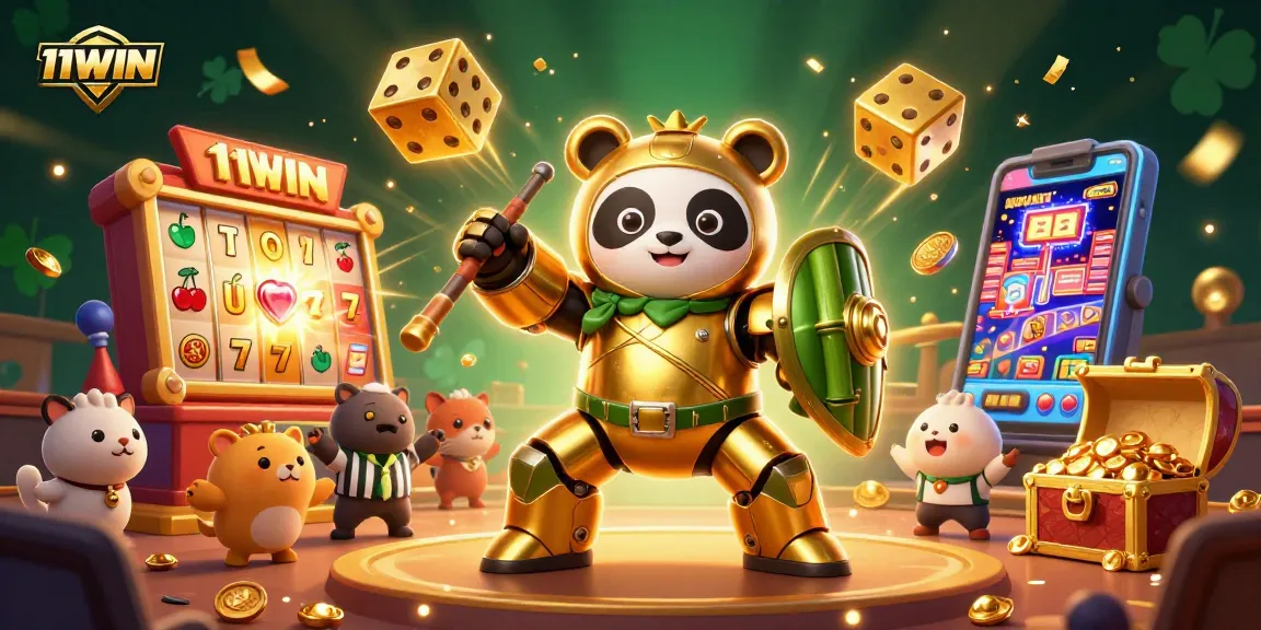 The 11WIN logo shines amidst a vibrant 3D casino scene with animated jackpots and characters.