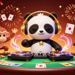 Experience the excitement of open88 with a lively illustration featuring a DJ panda, breakdancing monkey, and kitten at a vibrant casino scene.