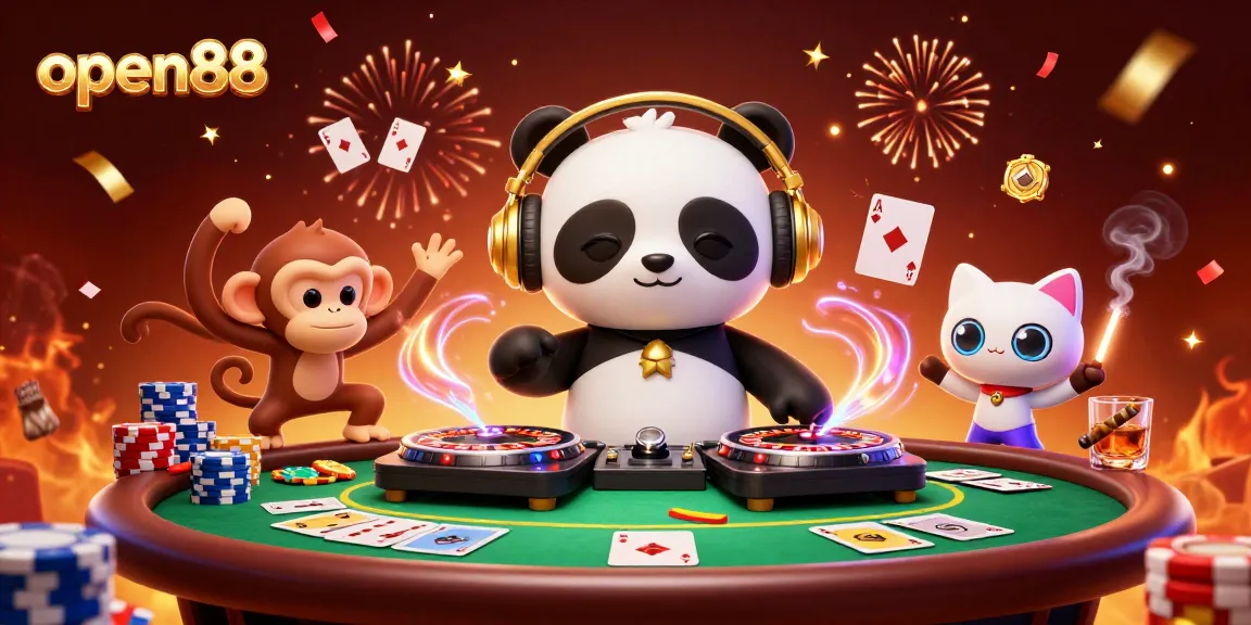 Experience the excitement of open88 with a lively illustration featuring a DJ panda, breakdancing monkey, and kitten at a vibrant casino scene.
