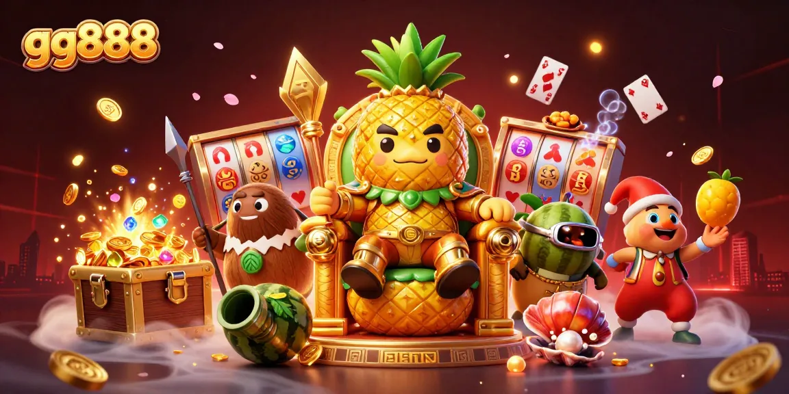 Experience thrilling gameplay with gg888's vibrant casino scene featuring a golden pineapple king and exciting game elements.