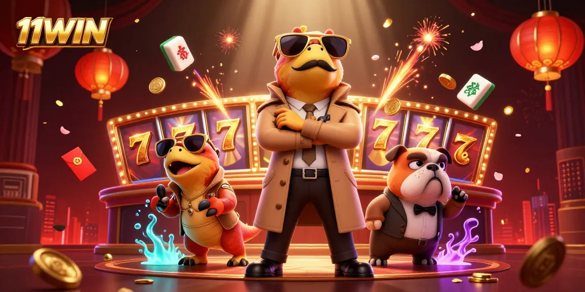Experience fun at 11WIN casino with raptors in trench coats and vibrant slot games.
