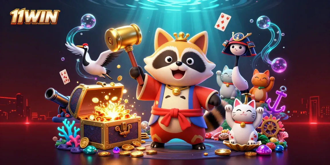 Experience 11WIN's vibrant gaming world with exciting visuals featuring luck symbols and treasures.