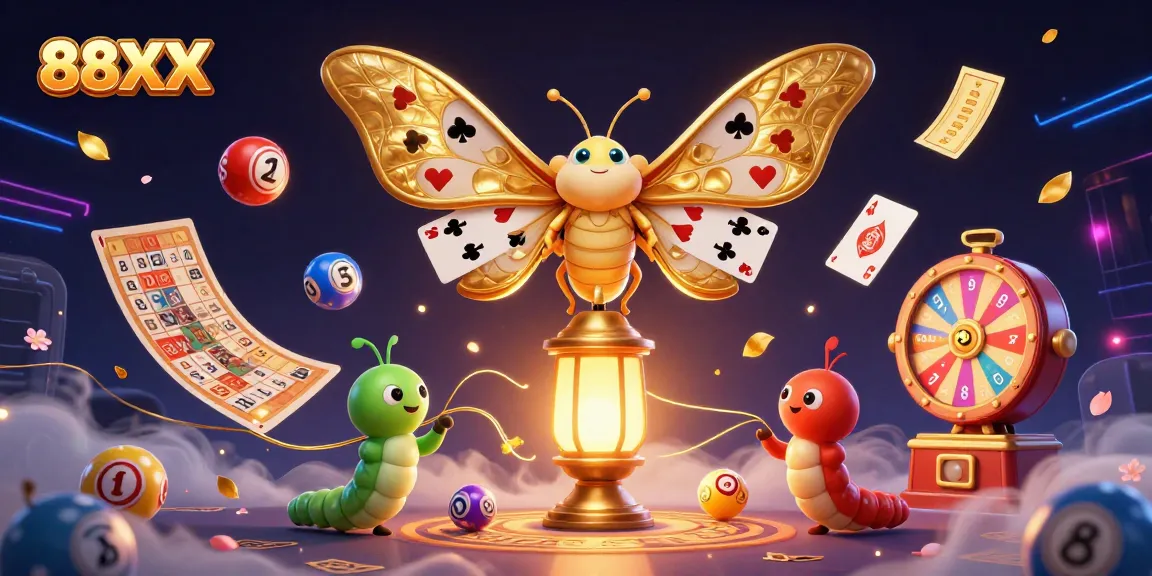 Engaging 88XX casino illustration showcasing vibrant lottery elements with a 3D moth and game scenes.