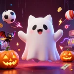 11WIN showcases a ghost cat and vampire bat in a vibrant casino, celebrating jackpot wins.