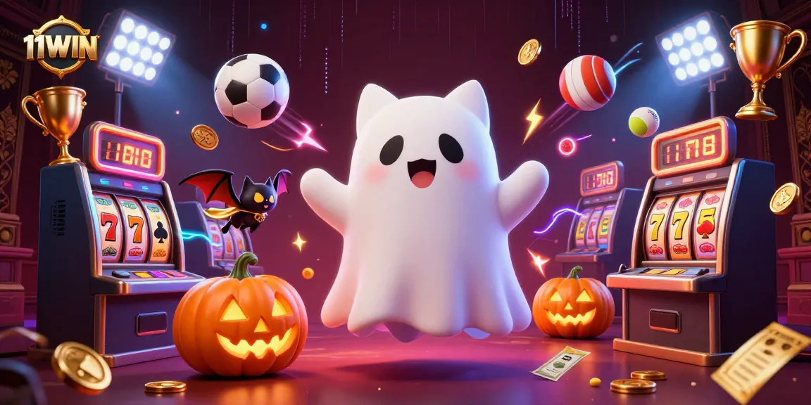 11WIN showcases a ghost cat and vampire bat in a vibrant casino, celebrating jackpot wins.