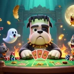 QS88 players experience thrilling card dealing at a spooky casino table with unique characters