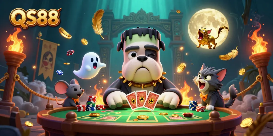 QS88 players experience thrilling card dealing at a spooky casino table with unique characters