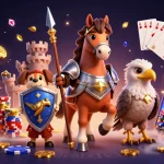 A lively scene of a knight horse and friends celebrating at australia pokies online, with coins and cards flooding the background.