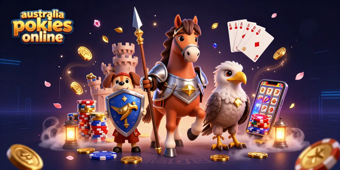 A lively scene of a knight horse and friends celebrating at australia pokies online, with coins and cards flooding the background.