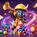 Tải Sunwin showcases a thrilling casino scene with a joyful dinosaur celebration amidst colorful lottery elements.