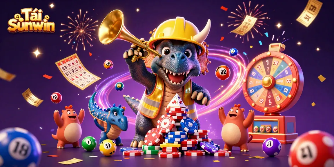 Tải Sunwin showcases a thrilling casino scene with a joyful dinosaur celebration amidst colorful lottery elements.