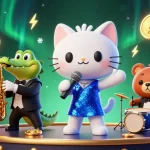 Experience thrilling gaming with qq888 in a vibrant casino scene featuring cartoon characters performing live.
