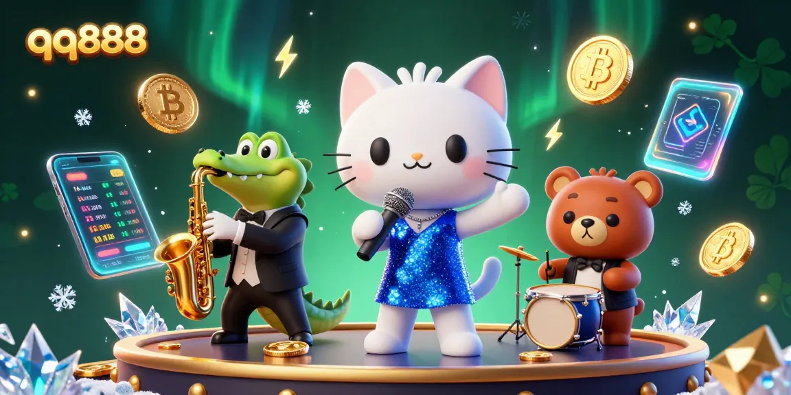 Experience thrilling gaming with qq888 in a vibrant casino scene featuring cartoon characters performing live.