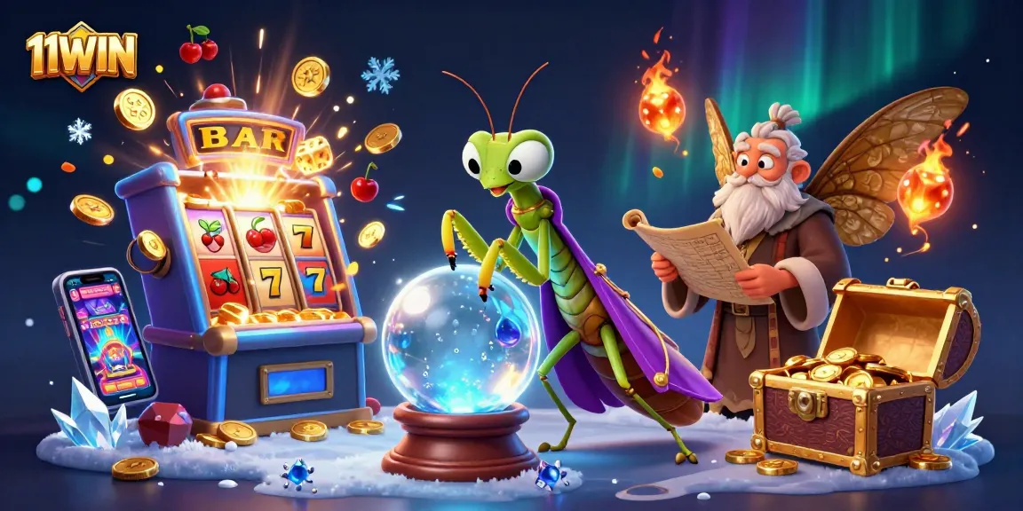 Experience winnings at 11WIN casino with a magical 3D scene of fortune tellers and exciting game elements.