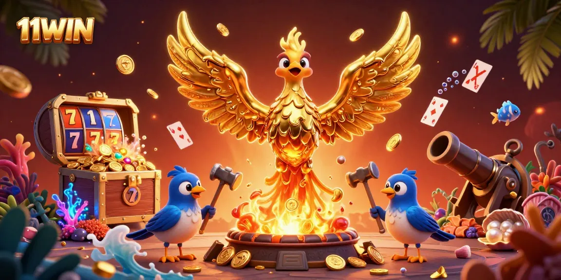 Experience winning at 11WIN with a dynamic casino illustration featuring vibrant elements and characters.