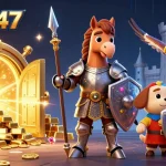 Experience dynamic action with kqbd247 as a knight, squire, and falcon gather treasure in a thrilling casino scene.