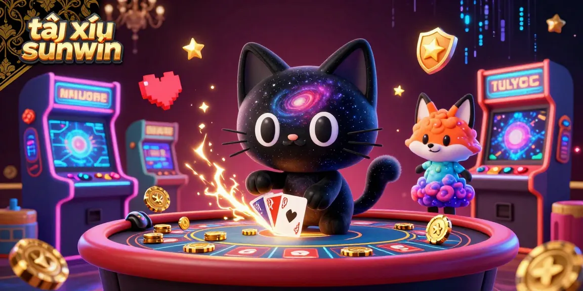 Engage in thrilling gameplay with tài xỉu sunwin at a cosmic casino table, where vibrant characters and arcade elements collide.