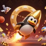 Experience the excitement at trang chủ Sin88 with a dynamic 3D illustration of a penguin and casino elements.