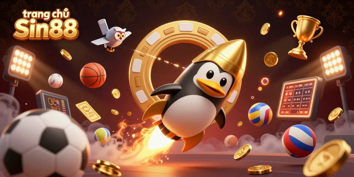 Experience the excitement at trang chủ Sin88 with a dynamic 3D illustration of a penguin and casino elements.