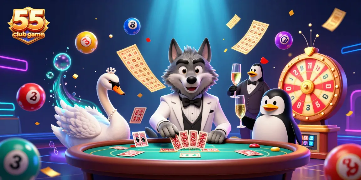 Experience the thrill of the 55 club game with a vibrant casino illustration featuring dynamic characters and game elements.