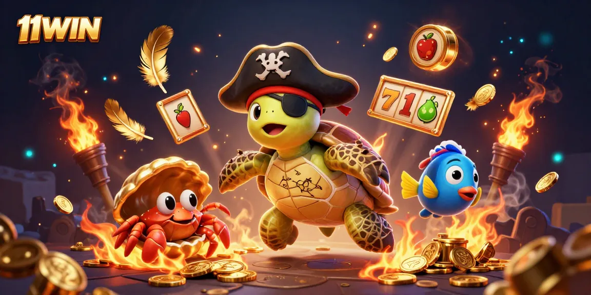 Engage with 11WIN through an exciting 3D casino adventure featuring a pirate turtle and treasure elements.