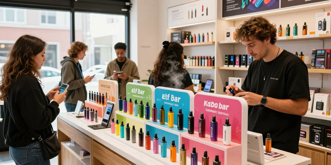 Exploring top disposable vapes in the USA at a vibrant retail shop, featuring popular brands and engaged customers.