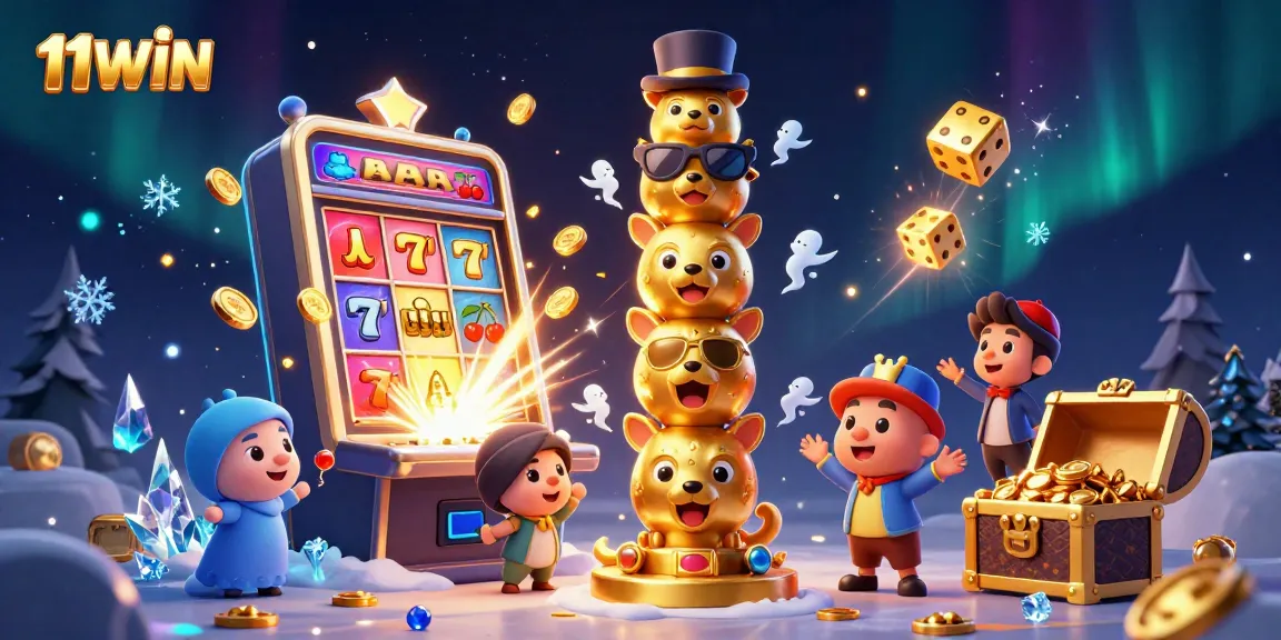 Experience thrilling wins at 11WIN casino with stacked animal totem and vibrant slot machine.
