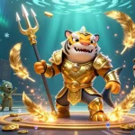 Experience the thrill of 11WIN with a dynamic underwater casino clash featuring a tiger shark in gladiator armor.