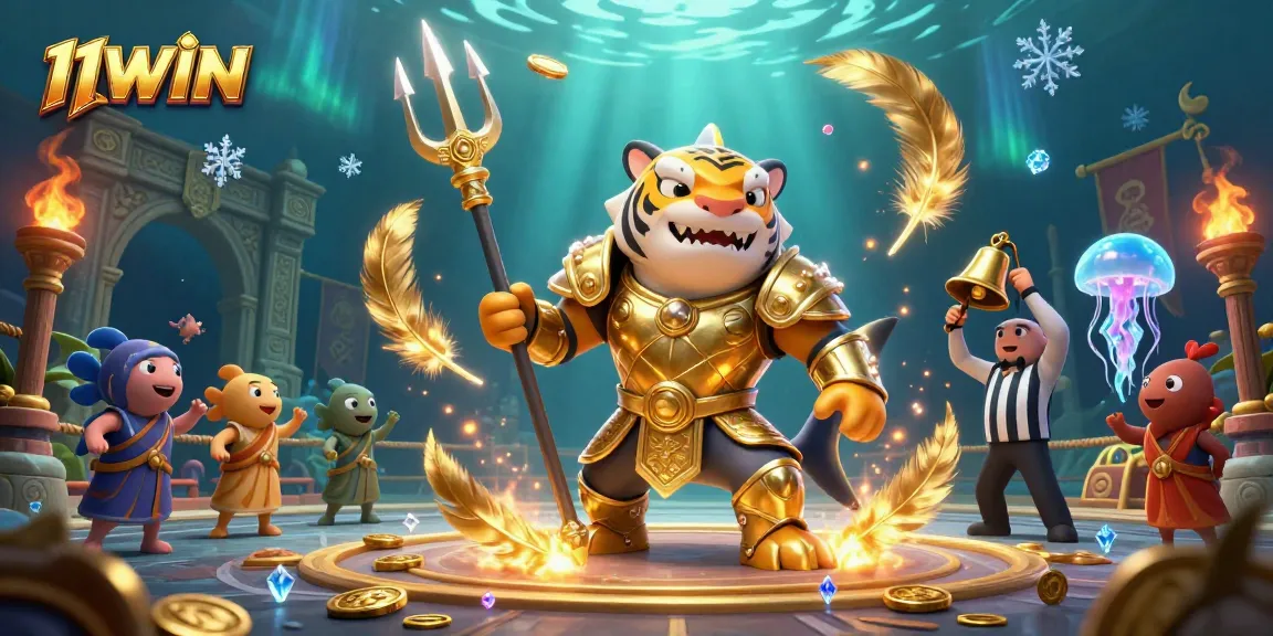 Experience the thrill of 11WIN with a dynamic underwater casino clash featuring a tiger shark in gladiator armor.