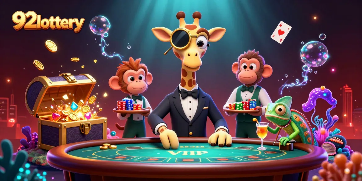 Engage with 92lottery's thrilling gaming experience featuring a high-roller giraffe, monkey valet, and chameleon bartender.