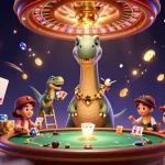 Experience the exciting world of KP88 with a vibrant 3D casino scene featuring a brontosaurus and raptor