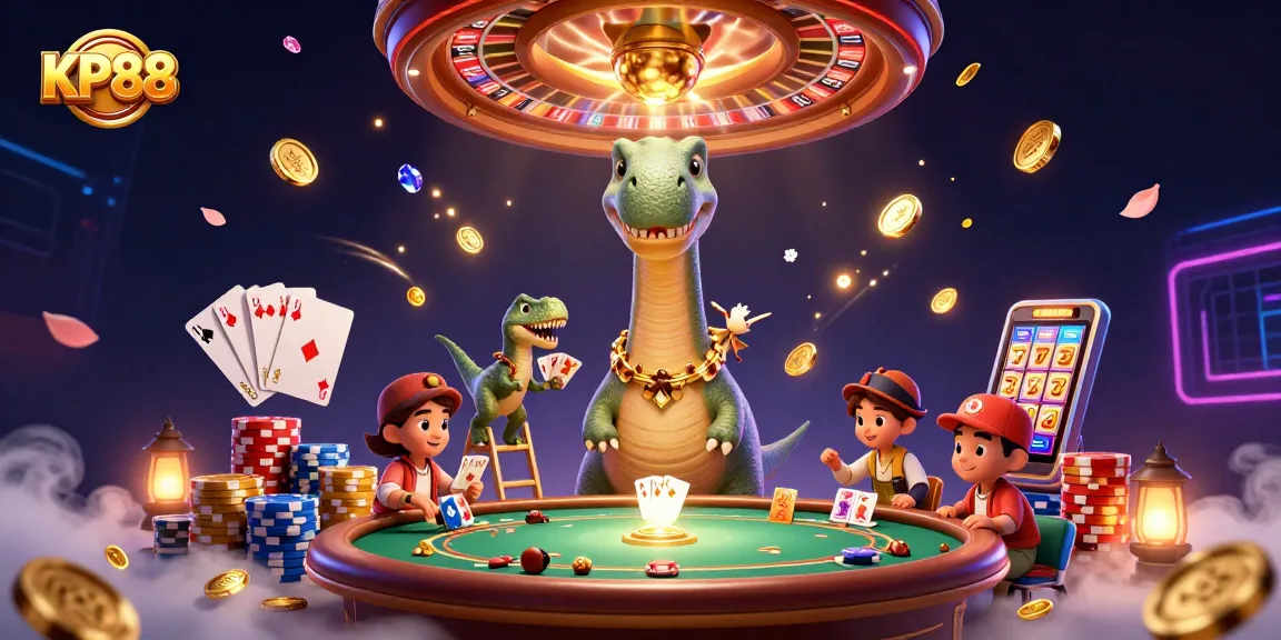 Experience the exciting world of KP88 with a vibrant 3D casino scene featuring a brontosaurus and raptor