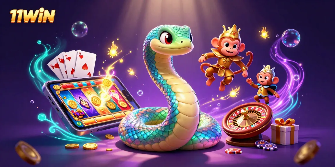 Experience the magic of 11WIN with a vibrant animated scene featuring a rainbow serpent, monkey king, and casino elements.
