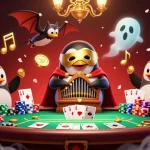 Experience the vibrant gameplay of 11WIN with a striking illustration featuring a penguin and acrobat in a casino setting.
