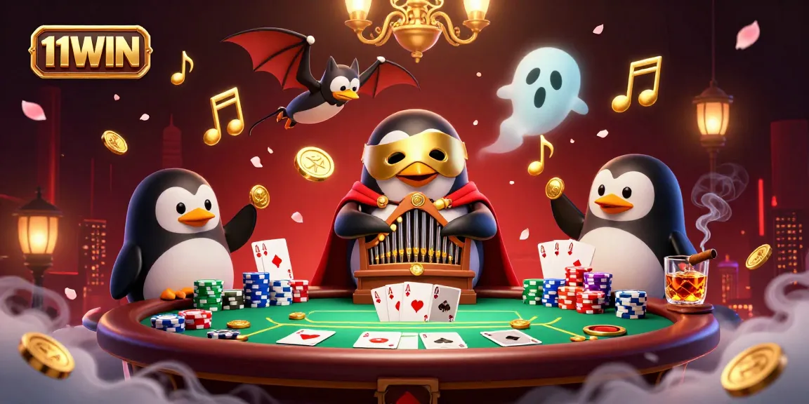 Experience the vibrant gameplay of 11WIN with a striking illustration featuring a penguin and acrobat in a casino setting.