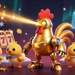 Experience slot premium excitement with a 3D golden rooster robot and baby chick drones in a dynamic casino scene.