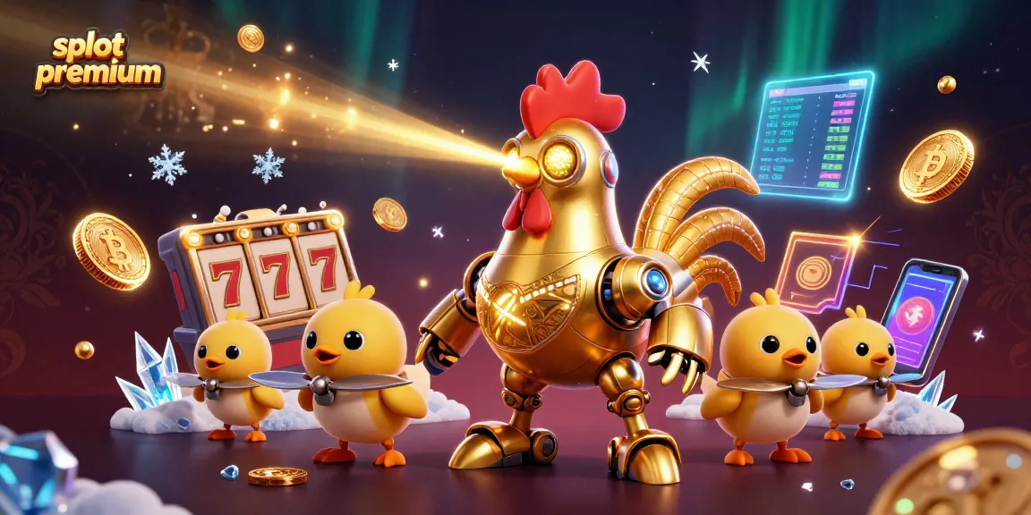 Experience slot premium excitement with a 3D golden rooster robot and baby chick drones in a dynamic casino scene.