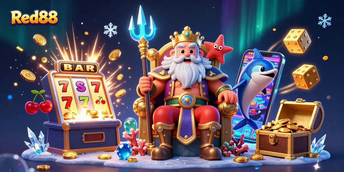 Experience thrilling wins at Red88 with a 3D cartoon sea king surrounded by exciting casino elements.